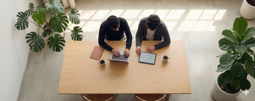 Sricharan und Nikolaus – Gründer von ADAPT – bei der gemeinsamen Arbeit am Tisch
